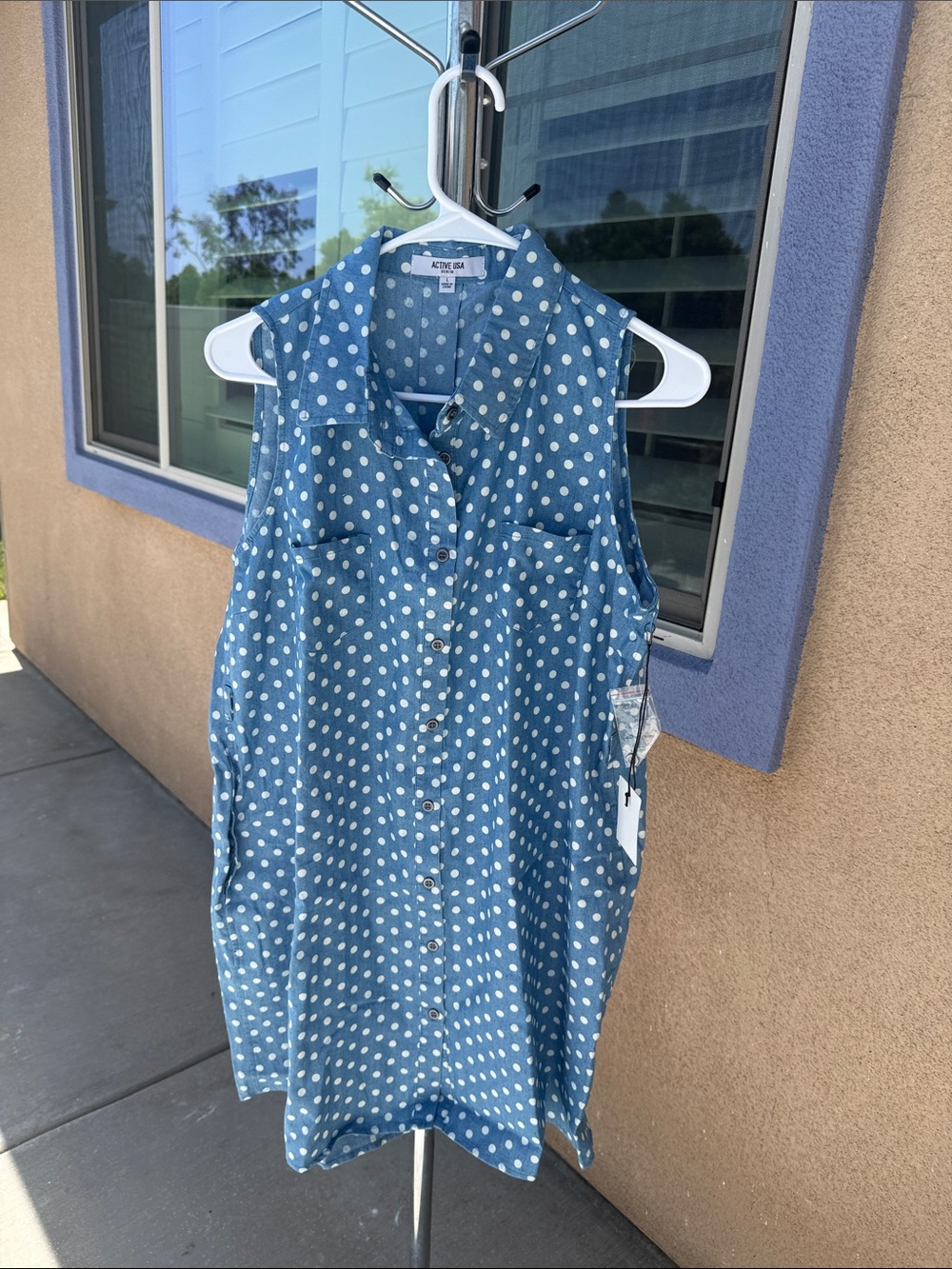 Active USA Blue Polka Dot Denim-Style Sleeveless Shirt Dress